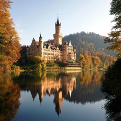 Wall Mural - Castle reflection over lake surrounded by fall foliage for tourism advertising