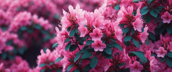 Poster - Pink flowers in full bloom with green foliage in a vibrant garden setting featuring a blurred background for depth and texture Copy Space