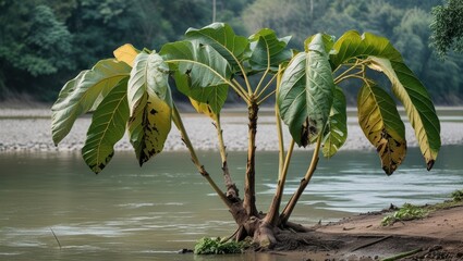 Poster - Tropical tree with large leaves growing near a riverbank in a natural environment with blurred background and reflection on water