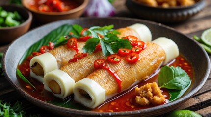Aufkleber - Delicious traditional dish featuring fish rolls with chili sauce garnished with fresh herbs on a wooden table with copy space