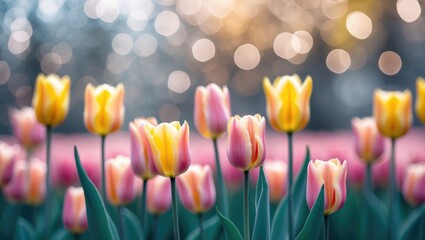 Aufkleber - Colorful tulips in a field with a blurred bokeh background creating a soft dreamy atmosphere during spring season Copy Space