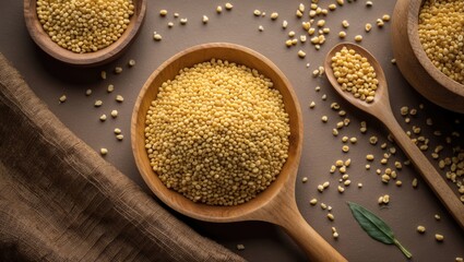 Poster - Raw yellow millet grains in wooden bowls and spoons on a textured surface with scattered seeds and fabric backdrop Copy Space