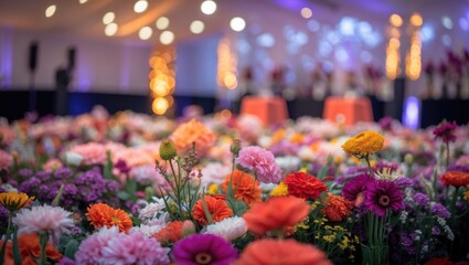 Aufkleber - Colorful flower arrangement in an indoor event venue with soft lighting and blurred background featuring decorative tables and floral decorations Copy Space