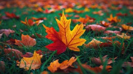 Poster - Colorful autumn leaves on green grass with a focus on a single vibrant leaf in the foreground Copy Space