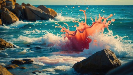 Poster - Splashing pink liquid in ocean waves with rocks in foreground during sunset Copy Space