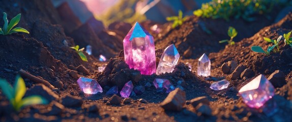 Aufkleber - Colorful quartz crystals emerging from rich soil in natural setting with surrounding small plants and soft sunlight illumination. Copy Space