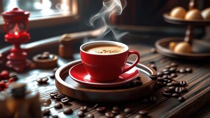 Poster - Coffee cup with steam on wooden table surrounded by coffee beans and decorative items in cozy cafe setting Copy Space