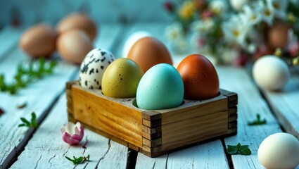 Aufkleber - Colorful decorative eggs in wooden box with green leaves and flowers on rustic wooden table background Copy Space