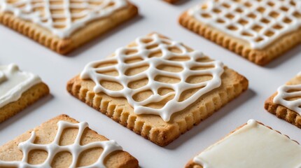 Aufkleber - Decorative iced cookies arranged on a white surface with various patterns and textures showcasing baking creativity and design Copy Space