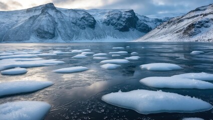 Poster - Winter landscape with ice floes on calm water surrounded by snow-capped mountains in a dramatic overcast sky Copy Space