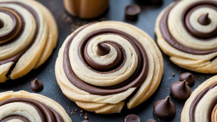 Poster - Chocolate swirl cookies with cream and chocolate frosting arranged on a dark background with chocolate chips and a jar of chocolate sauce. Copy Space