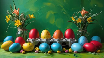 Wall Mural - Colorful decorated Easter eggs with flowers on green background and copy space for text