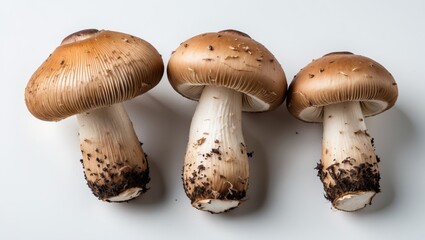 Poster - Three fresh cultivated mushrooms with brown caps and white stems on a neutral background. Copy Space