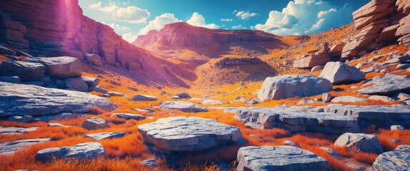 Poster - Vibrant desert landscape with rocky formations and colorful grass under a blue sky with clouds Copy Space