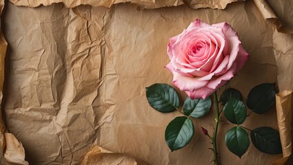 Poster - Pink rose on crumpled brown paper background with green leaves displaying natural beauty and texture Copy Space
