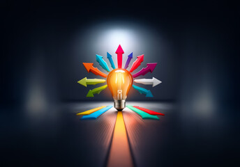 Aufkleber - Illuminated light bulb at the center radiates colorful arrows, pointing in diverse directions, symbolizing ideas spreading outward from a central source against a dark backdrop.