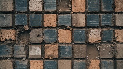 Poster - Textured close-up of weathered paving stones in a pattern with dirt and debris between them ideal for backgrounds and surfaces with Copy Space