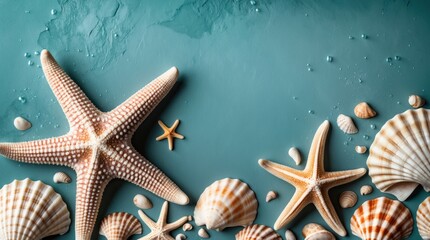 Poster - Seashells and starfish arrangement on a textured blue background with Copy Space for text insertion