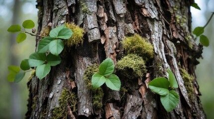 Poster - Close-up view of textured tree bark with green leaves and moss, nature background with detailed wood surface and plant life, Copy Space