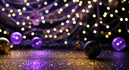 Aufkleber - Decorative Christmas ornaments with purple and gold glitter on a dark surface illuminated by festive lights Copy Space