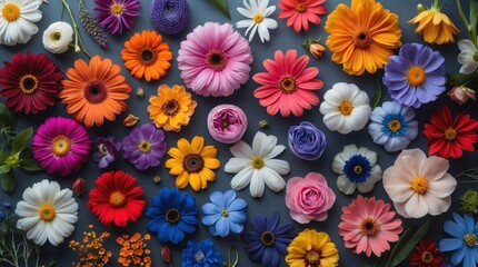 Poster - Colorful assortment of various flowers arranged on a dark background with ample Copy Space for text insertion