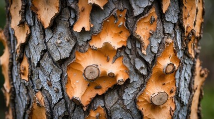 Poster - Textured bark of a pine tree displaying orange and grey patterns with round knots and detailed surface, perfect for natural backgrounds, Copy Space