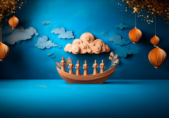 Poster - A stylized boat rests on a blue surface beneath fluffy clouds and hanging spherical lanterns. Decorative branches with golden accents are above, creating a whimsical and celebratory atmosphere.