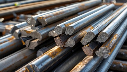 Poster - Stacked steel bars with hexagonal and rectangular shapes showing surface texture and oxidation under natural light, industrial background with Copy Space