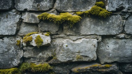 Poster - Moss covered stone wall with textured gray rocks and green moss growing in crevices natural background with copy space
