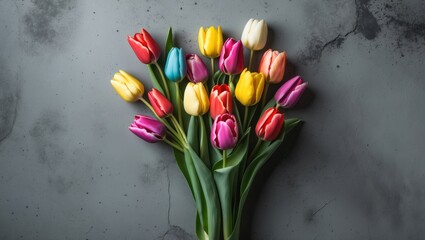 Poster - Colorful bouquet of tulips in various shades on a textured gray background with ample Copy Space for text placement