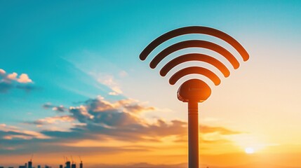 Aufkleber - Vibrant Sunset Over City Skyline with Wireless Signal Icon Symbolizing Connectivity and Technology Advancement