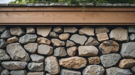 Aufkleber - Stone wall with wooden top and natural texture featuring various sized rocks and pebbles for building or landscaping use Copy Space