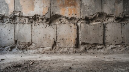 Poster - Textured concrete wall with peeling paint and rough surface in an abandoned interior with copy space for text placement.