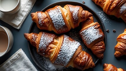 Poster - Freshly baked croissants topped with powdered sugar on a dark plate with coffee and cream in the background Copy Space