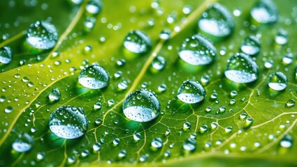 Poster - Close-up of fresh green leaves with droplets of water highlighting the texture and detail, Copy Space