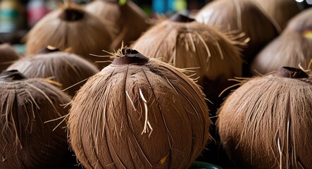 Aufkleber - Coconuts with husk fibers arranged in a clustered display showcasing natural textures and patterns with copy space for text