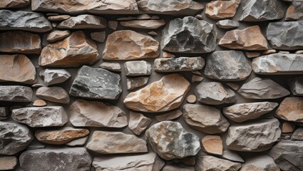 Poster - Textured stone wall background with various shapes and colors of rocks, neutral tones, suitable for architectural or design projects, Copy Space