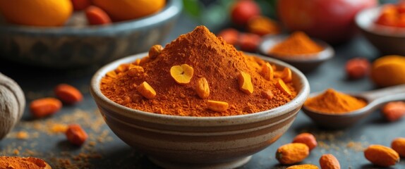 Poster - Bowl of turmeric powder with whole spices scattered around on a rustic table setting Copy Space