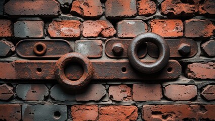 Poster - Rusty metal elements on a textured brick wall background with varying shades of red and grey showing industrial design features Copy Space