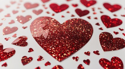 Aufkleber - Glittery red hearts on a white background creating a festive and romantic atmosphere with ample Copy Space for text placement