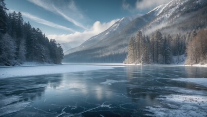 Poster - Frozen lake surrounded by mountains and pine trees with reflections on water and cloudy sky in winter landscape Copy Space