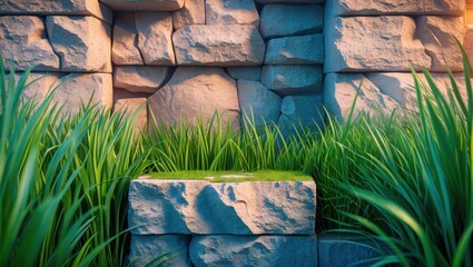 Poster - Green grass against a textured stone wall with a stone platform in the foreground Copy Space