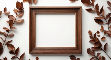 Poster - Wooden photo frame surrounded by dried leaves on a white background with Copy Space for text placement