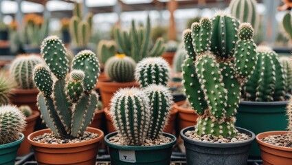Aufkleber - Various Cacti in Plant Pots in Greenhouse Environment with Natural Light and Copy Space