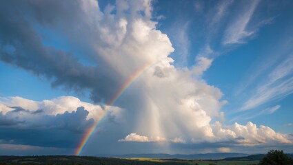 Poster - Dramatic clouds with a vibrant rainbow in a blue sky over green landscape during daytime with sunlight and shadows, Copy Space