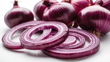 Poster - Red onions whole and sliced on white background with Copy Space for text placement