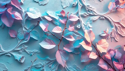 Poster - Pastel colored leaves and floral patterns embossed on a textured surface with soft lighting Copy Space