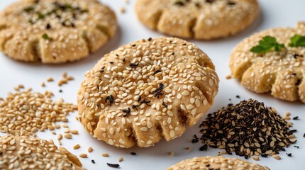 Aufkleber - Sesame cookies with sprinkled sesame seeds and fresh herbs on a light background with scattered sesame seeds and spices. Copy Space