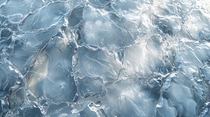 Fototapete - Frozen lake expanding under bright light, showcasing intricate patterns of cracks in the ice surface. The clear blue ambiance highlights the beauty of winter.