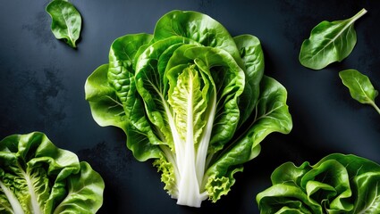 Poster - Fresh green Romaine lettuce leaves arranged on a dark surface with additional leafy greens scattered around, Copy Space